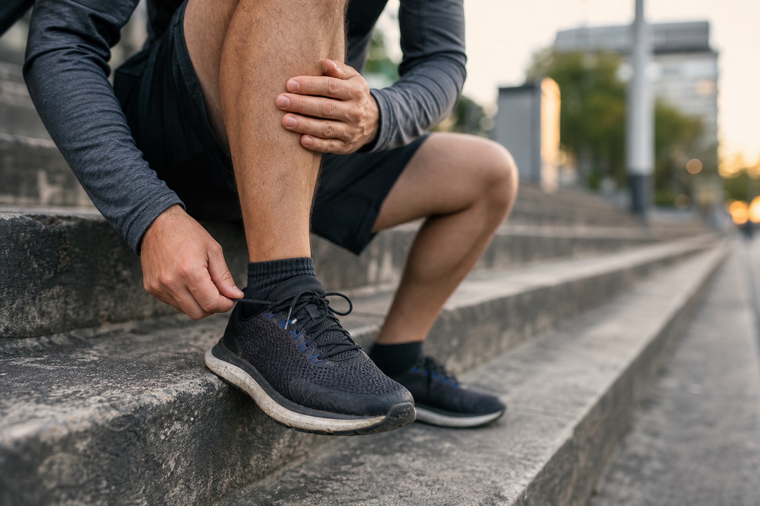 A runner tying a shoe while seated on city steps