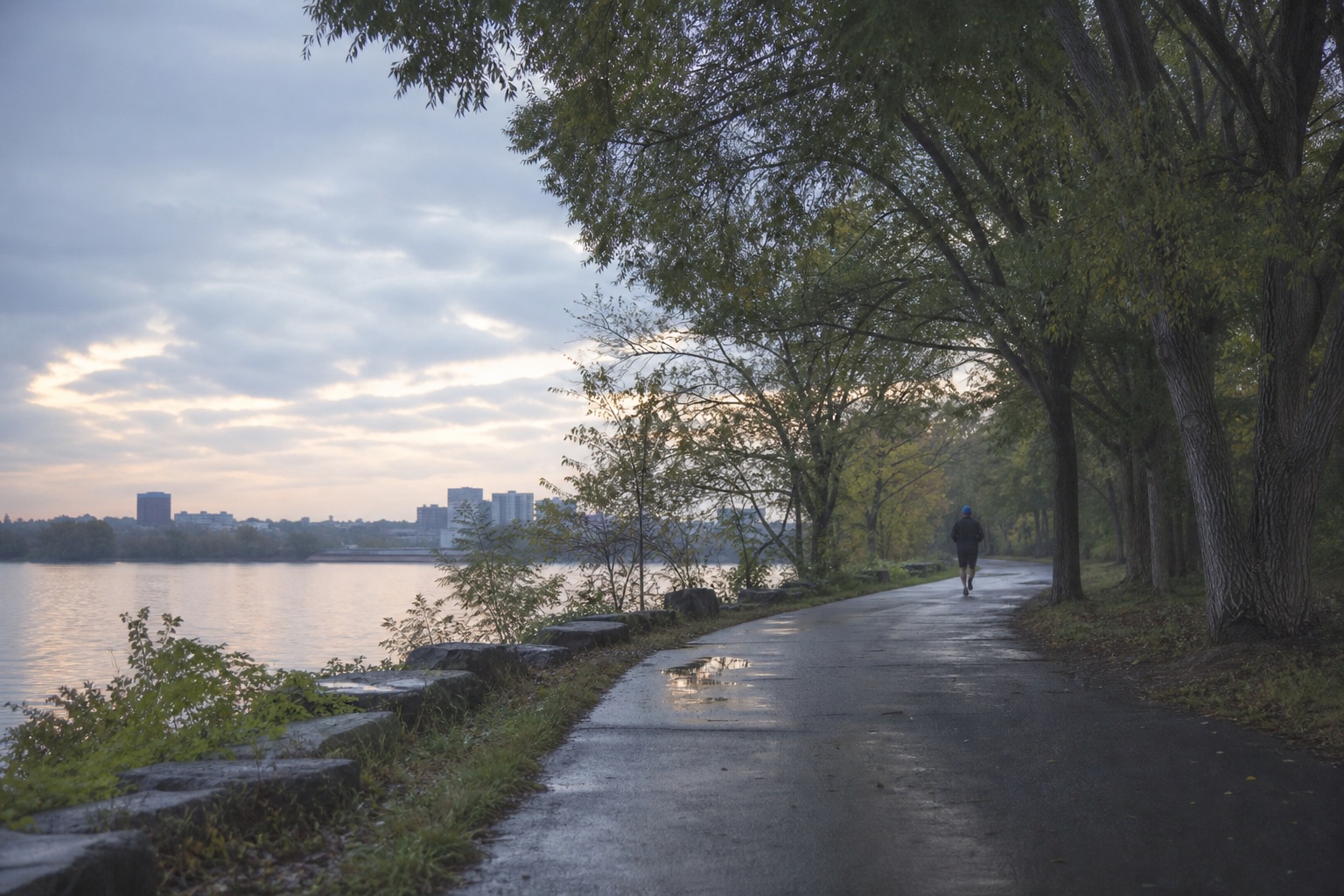 A runner on a quiet path beside the water